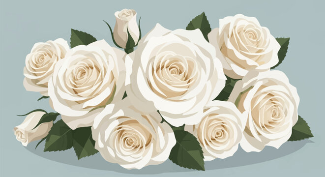 Detailed vector illustration of a horizontal floral arrangement featuring fully bloomed white roses with cream petals, dark green leaves, and rosebuds on a light blue background.