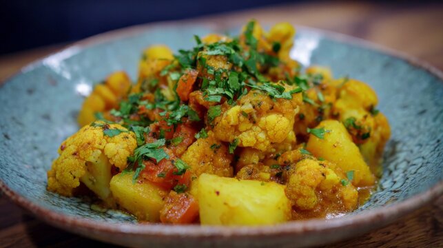 Aloo gobi traditional indian curry with potatoes and cauliflower, authentic homemade vegetarian dish, flavorful south asian cuisine, aromatic spiced comfort food, rustic restaurant style meal, healthy