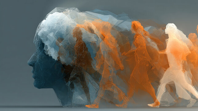 Abstract human profile with walking figures. Conceptual art of migration and social change.
