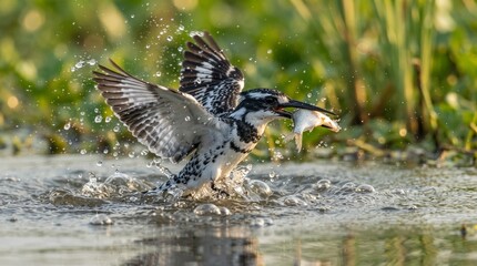 Fototapeta premium Pied Kingfisher (Ceryle rudis) Hovering Above the Water – Expert Fish-Hunting Bird in Action
