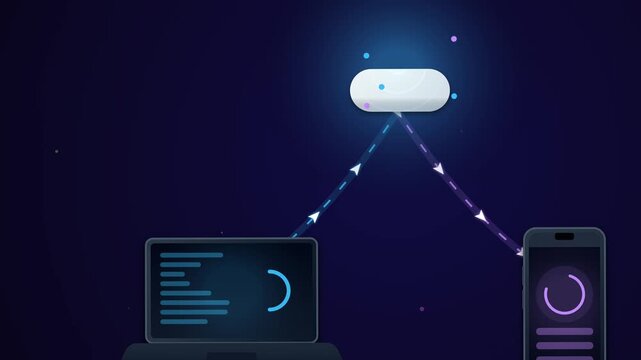Data synchronization animation showing a laptop and a smartphone transferring files through a central cloud server icon on a dark blue background