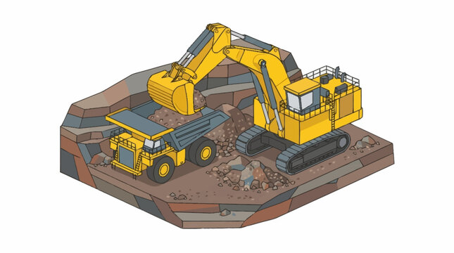 Yellow Excavator and Mining Trucks in Construction Site.