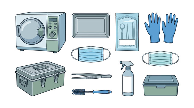 Medical sterilization equipment set, dental autoclave and surgical tools vector, professional clinic disinfection supplies and hygiene icons