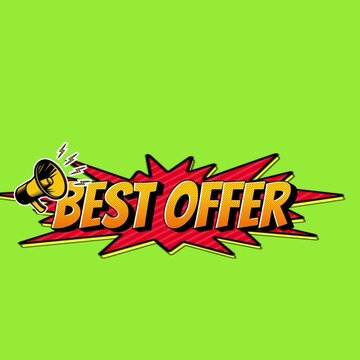 Comic book style best offer announcement with megaphone illustration on green background pop art promotion sale discount