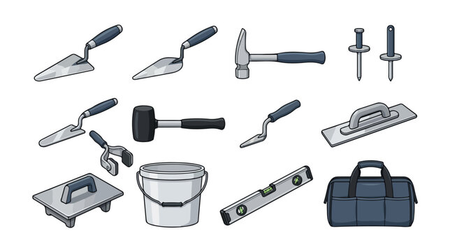 Professional masonry hand tools set, construction equipment for bricklaying and tiling, 13 vector icons for home renovation and building