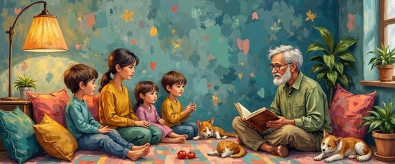 Naklejka na ściany i meble Elderly man reading book to children in cozy living room with pets and colorful decor