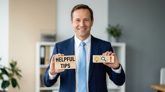 Professional holding wooden blocks with helpful tips and solution icons in modern office setting with contemporary office environment smiling professional business