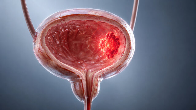 3D medical rendering of a human urinary bladder showing a growing tumor inside representing bladder cancer diagnosis, urology disease, and oncology research.