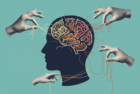 Abstract Artistic Head Illustration Showing Disorganized Brain Lines Adjusted by Hands Depicting Schizophrenia Concept, Emotional Healing, and Thought Organization