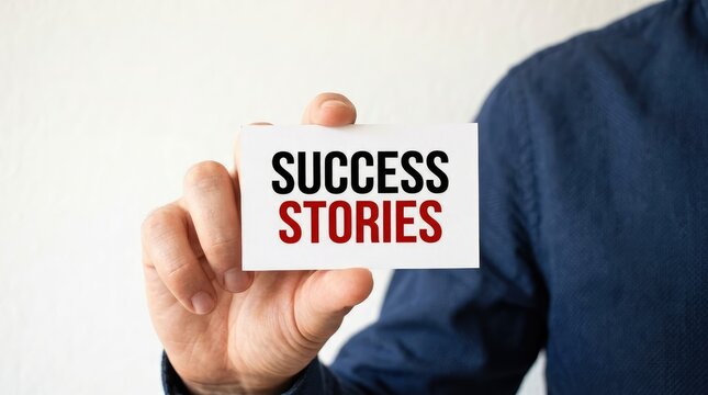 Professional holding card displaying success stories concept in office setting with set against neutral background soft lighting professional business attire figure background