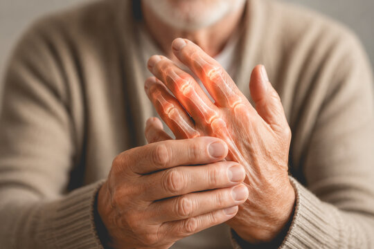 Senior man holding his painful hands with glowing red joint anatomy representing osteoarthritis, rheumatoid arthritis, and joint inflammation in the elderly.