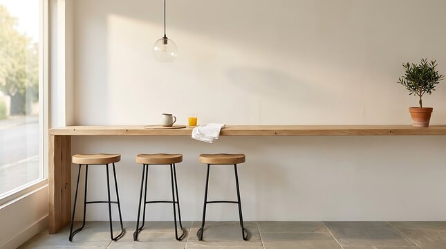 Minimalist sunlit cafe interior with wooden bar and stools