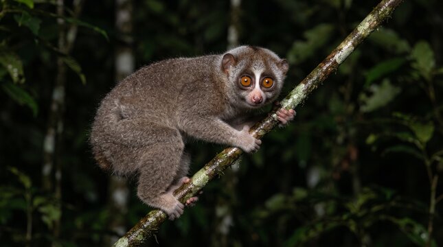 Gray Slender Loris (Loris lydekkerianus) Clinging to a Forest Branch &ndash; Nocturnal Primate Wildlife Photography