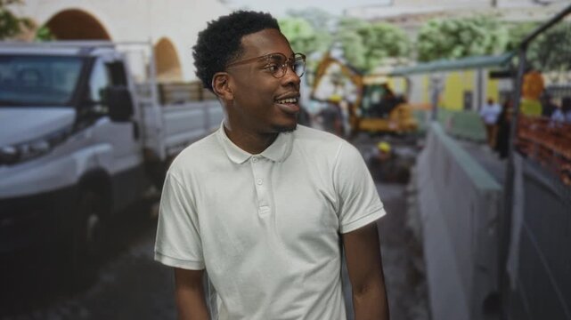 Man wearing polo shirt and glasses smiles while standing near truck and crane at building site; optimism.