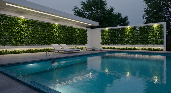 Modern outdoor pool area with vertical garden and lounge chairs at dusk