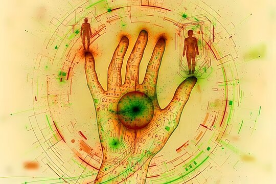 Abstract futuristic digital hand with glowing orange and green hologram interface and human avatars concept