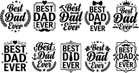 Obraz premium Set of twelve black and white typography labels for happy fathers day featuring various icons like hats mustaches glasses tools and bow ties for design