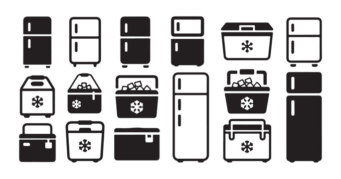 Large set of refrigerator icons and portable cooling boxes for food storage and preservation gear set.