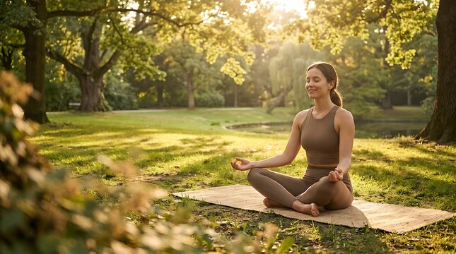 a serene woman doing meditation pose (Sukhasana) on a yoga mat at a peaceful park during golden hour, soft sunlight filtering through trees