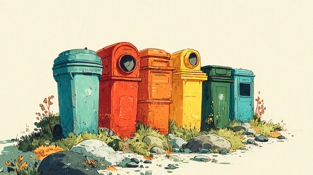 Colorful recycling bins for waste management. Sorting trash containers for environmental care.