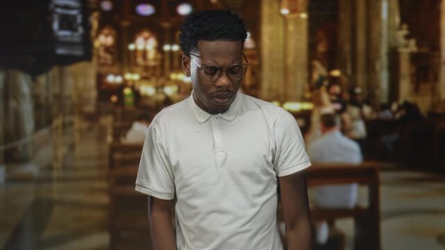 Young african american man clutches left shoulder in ornate catholic church pew aisle with shoulderache; distress.