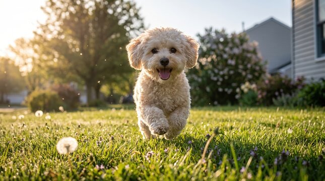 A happy fluffy Maltipoo joyfully runs through a sunny green lawn with dandelions at golden hour, captured low angle. Summer day