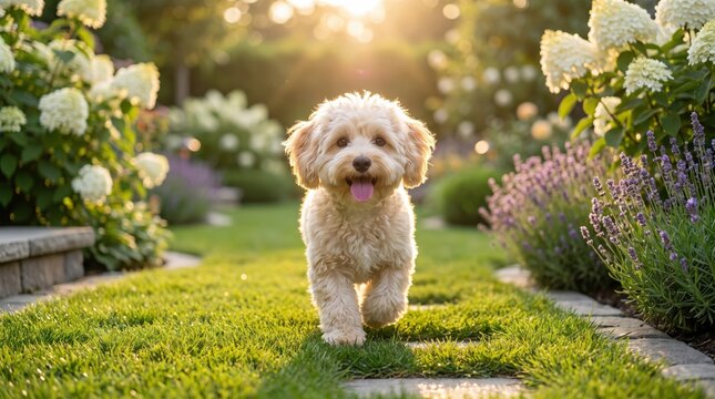 A happy fluffy Maltipoo dog joyfully walks down a sunlit garden path during a warm summer golden hour. Sunny day