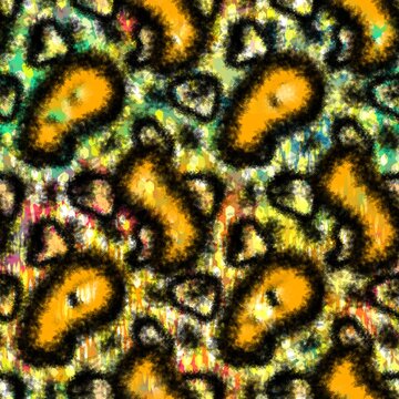 Abstract vibrant leopard print seamless pattern with fuzzy fur texture and colorful background for fashion textile design.