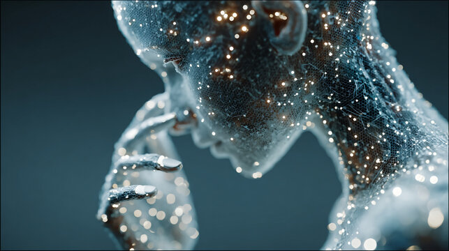 Artificial intelligence concept. Humanoid robot head with glowing digital neural network.