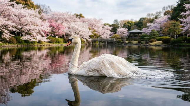 Majestic White Swan Glides Through Serene Pond Amidst Blooming Cherry Blossoms.