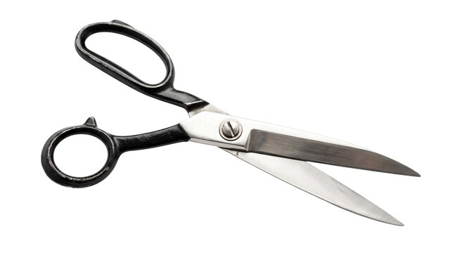 Pair of professional tailor scissors with black handles isolated on transparent background sharp metallic blades craft tool.