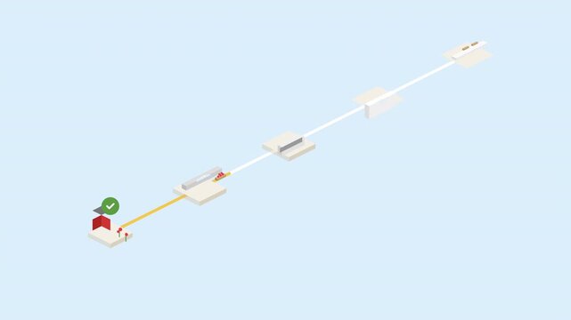 Minimalist isometric animation depicting food supply chain journey from farm source to consumer destination using digital nodes and path tracking