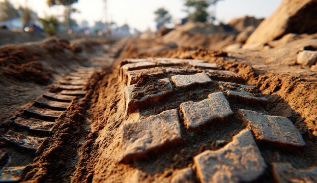 Tire tracks in sand, close-up.  Blurred background