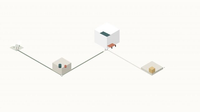 Minimalist isometric animation depicting a connected supply chain logistics flow with moving product icons across a clean digital white background