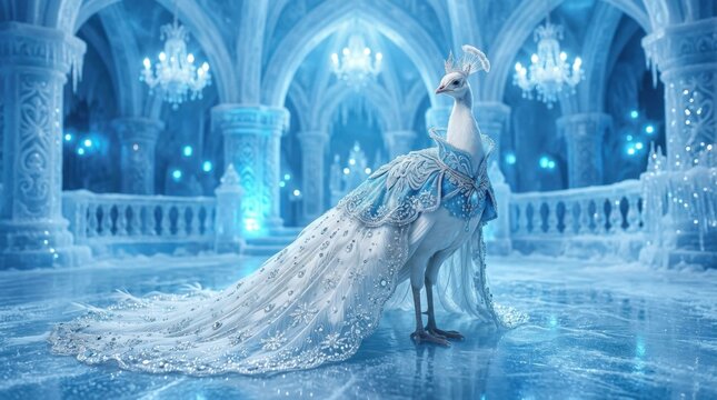 Enchanting White Peacock in a Frozen Palace Hall.