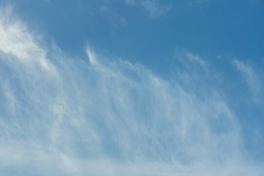 Full frame abstract texture cloudscape consisting of cirrus clouds in the blue sky near sunset or sunrise hours