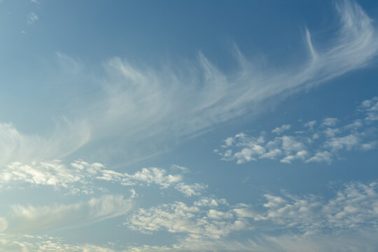 Full frame abstract texture cloudscape consisting of a combination of cirrus and cirrocumulus clouds in the sky near sunset or sunrise hours