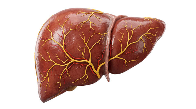 Realistic 3d rendering of a human liver with visible blood vessels, isolated on transparent background.