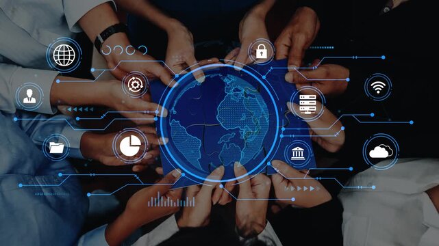 Diverse Hands Uniting Around Digital Earth Graphic with Global Connectivity Symbols Representing Technology and Collaboration in a Modern Business Environment. Entropy.