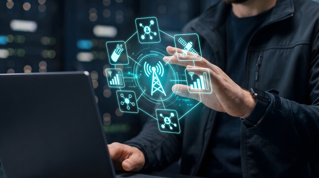 IT engineer managing modern telecommunication infrastructure with wireless signal monitoring dashboard interface