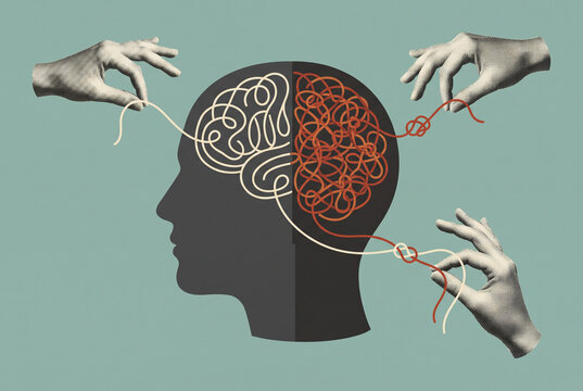 Stylized Illustration of Human Brain with Hands Untangling Complex Thoughts and Emotions for Therapy and Mental Health Concept