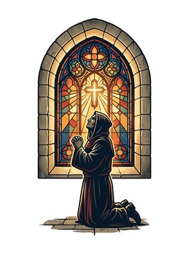 Kneeling monk praying before a stained glass window with a cross