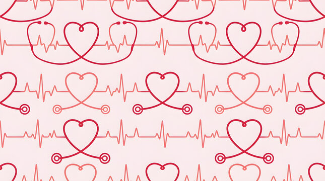  Seamless cardiology vector pattern with stethoscope hearts and EKG rhythm lines for medical healthcare backgrounds