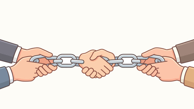 Business partners holding chain links and shaking hands in cartoon style