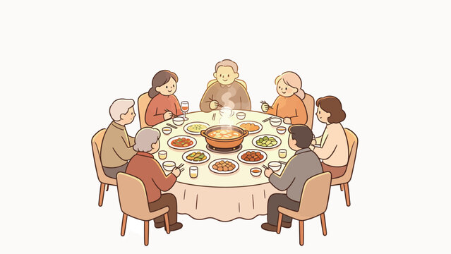 Warm family gathering illustration with elderly and adults enjoying a festive