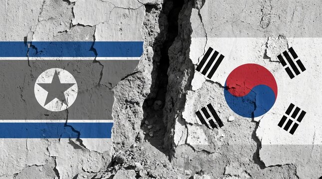 The national flags of north korea and south korea depicted on a cracked concrete wall representing political division and conflict between the nations