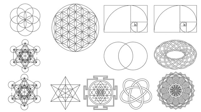 Sacred geometry symbols collection, spiritual mandalas and flower of life icons, golden ratio spiral and mystical geometric shapes set isolated PNG with Transparent Background