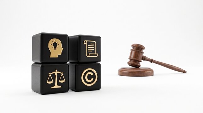 Copyright protection and intellectual property rights concept with legal gavel and icons on cubes