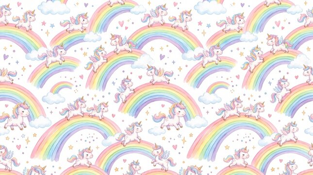 Watercolor seamless pattern of cute unicorns running on rainbows