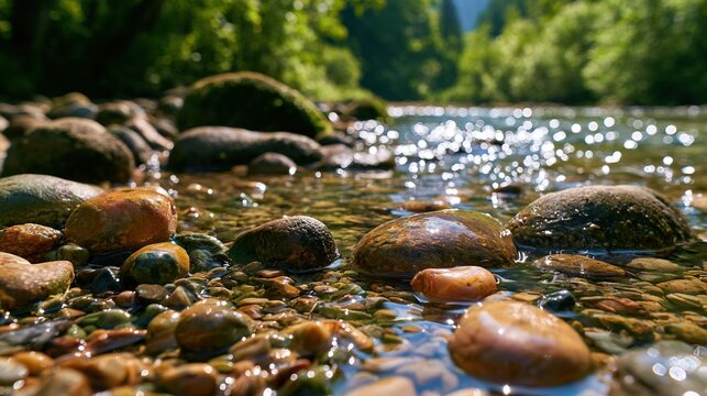 Smooth pebbles mountain stream sparkling water